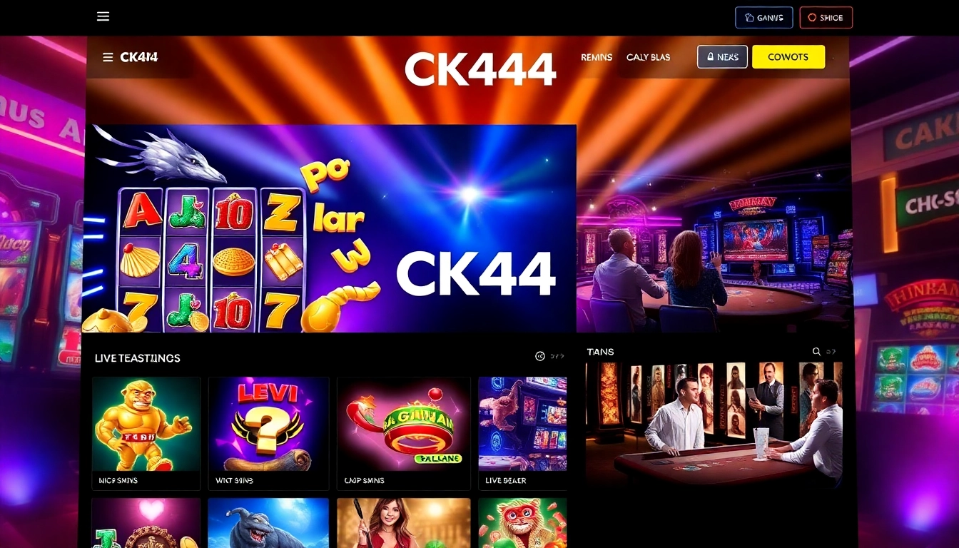 CK 444 gaming platform with lively slot machines and live dealer action, emphasizing excitement and innovation for online players.