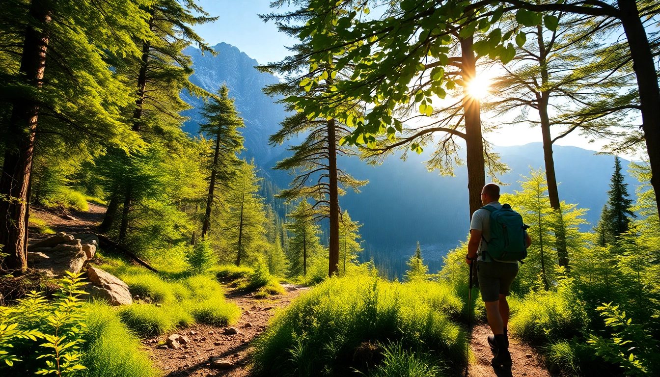 Hiking activity through a scenic forest trail, showcasing lush greenery and rugged terrain for outdoor adventure enthusiasts.
