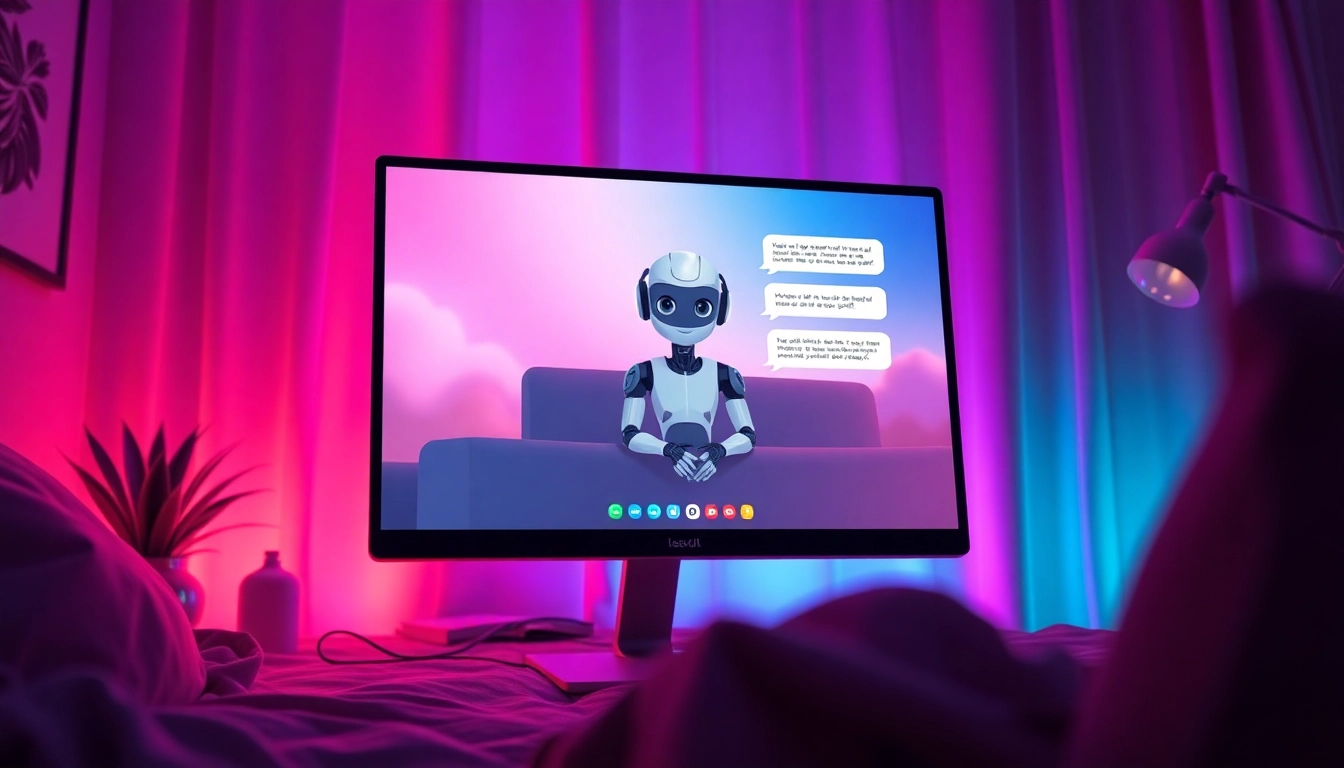 Digital illustration of an AI adult chat interface with a virtual character in a cozy, illuminated room.