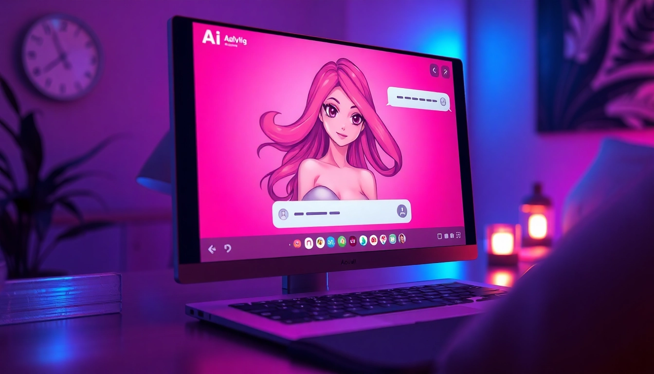 Close-up of an adult-themed AI chat interface featuring a sensual female character on a digital screen with vibrant colors and immersive lighting.