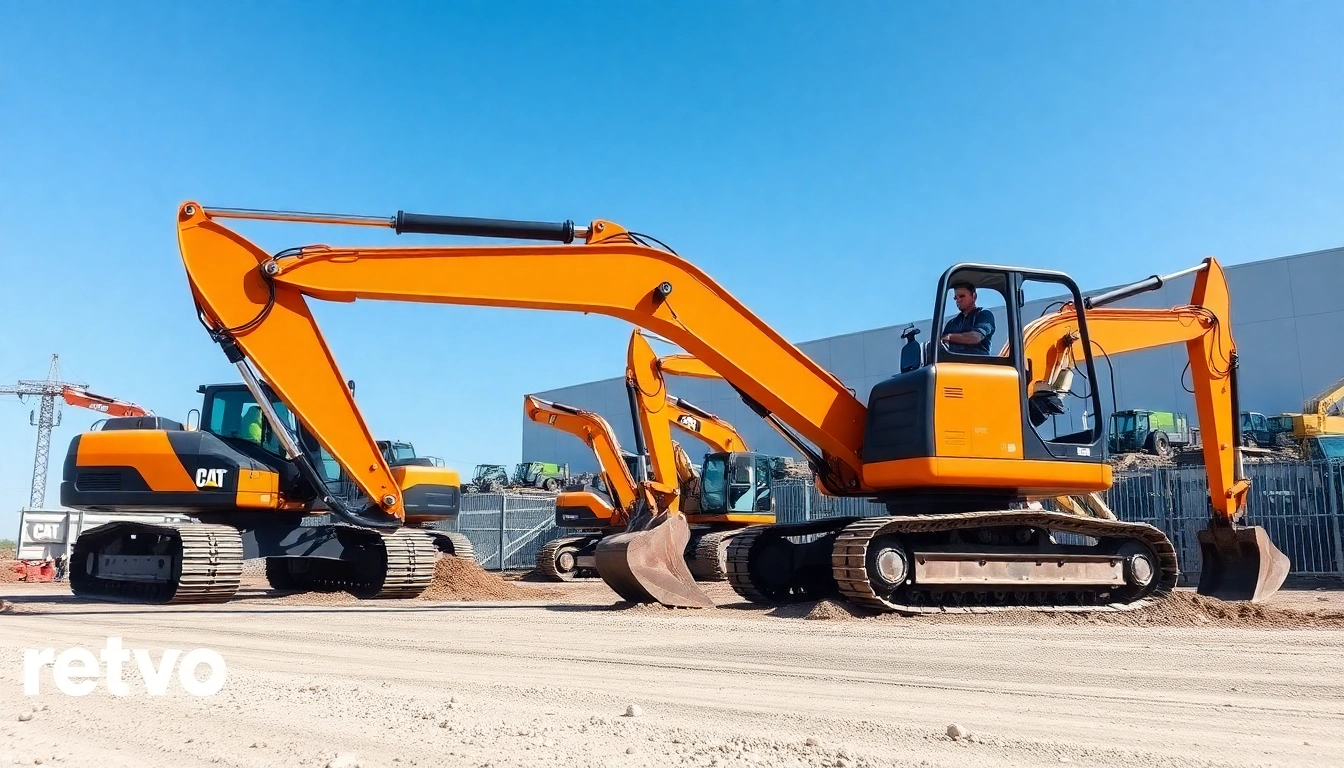 Reliable excavator rental service on a busy construction site with active machines digging and moving earth, emphasizing efficiency and versatility for building projects.