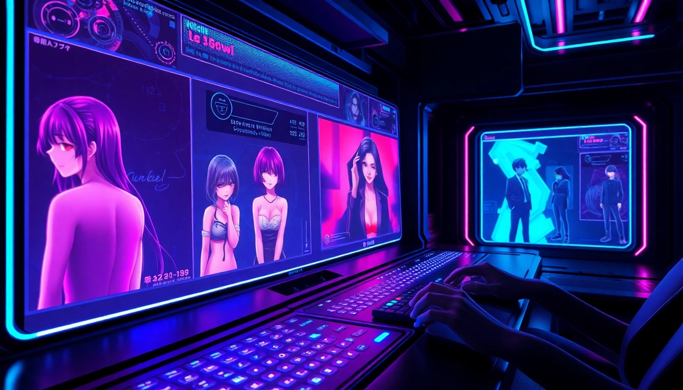 Futuristic AI interface showcasing hyper-realistic and anime NSFW images and videos with holographic displays and neon lighting.