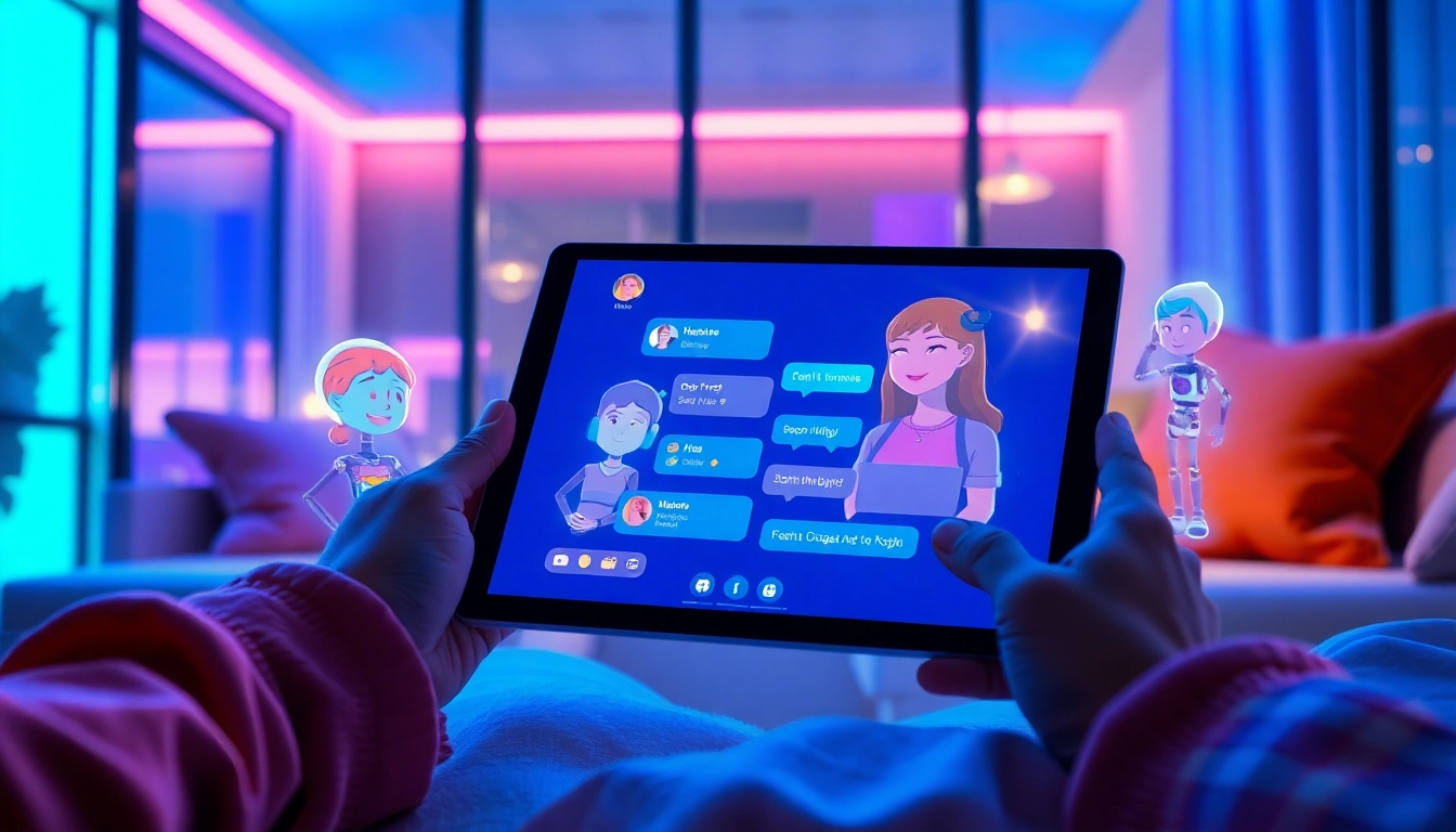 An illustration of a person engaging with holographic AI characters on a tablet in a modern, illuminated room, showcasing futuristic technology and personalized AI interactions.
