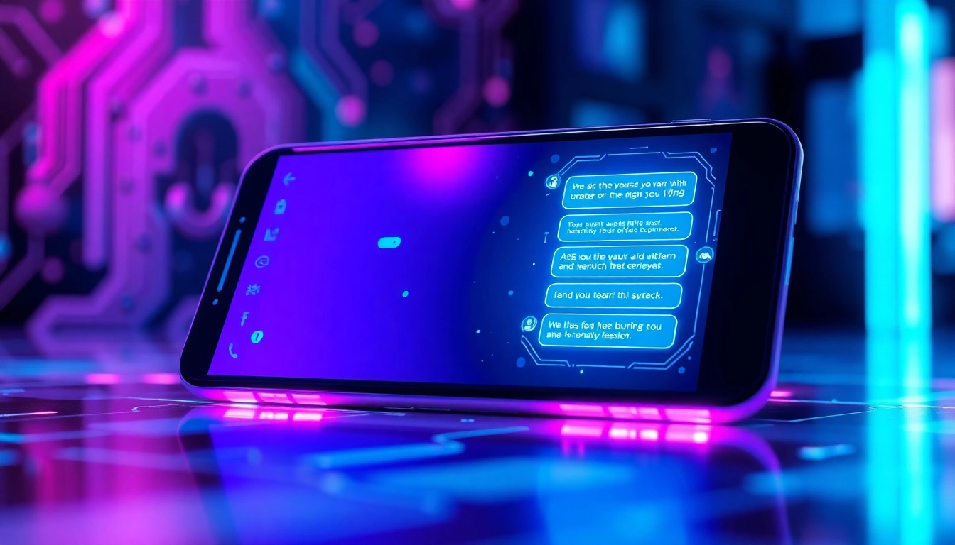 Futuristic AI chatbot interface on a sleek device with glowing neon colors and digital textures