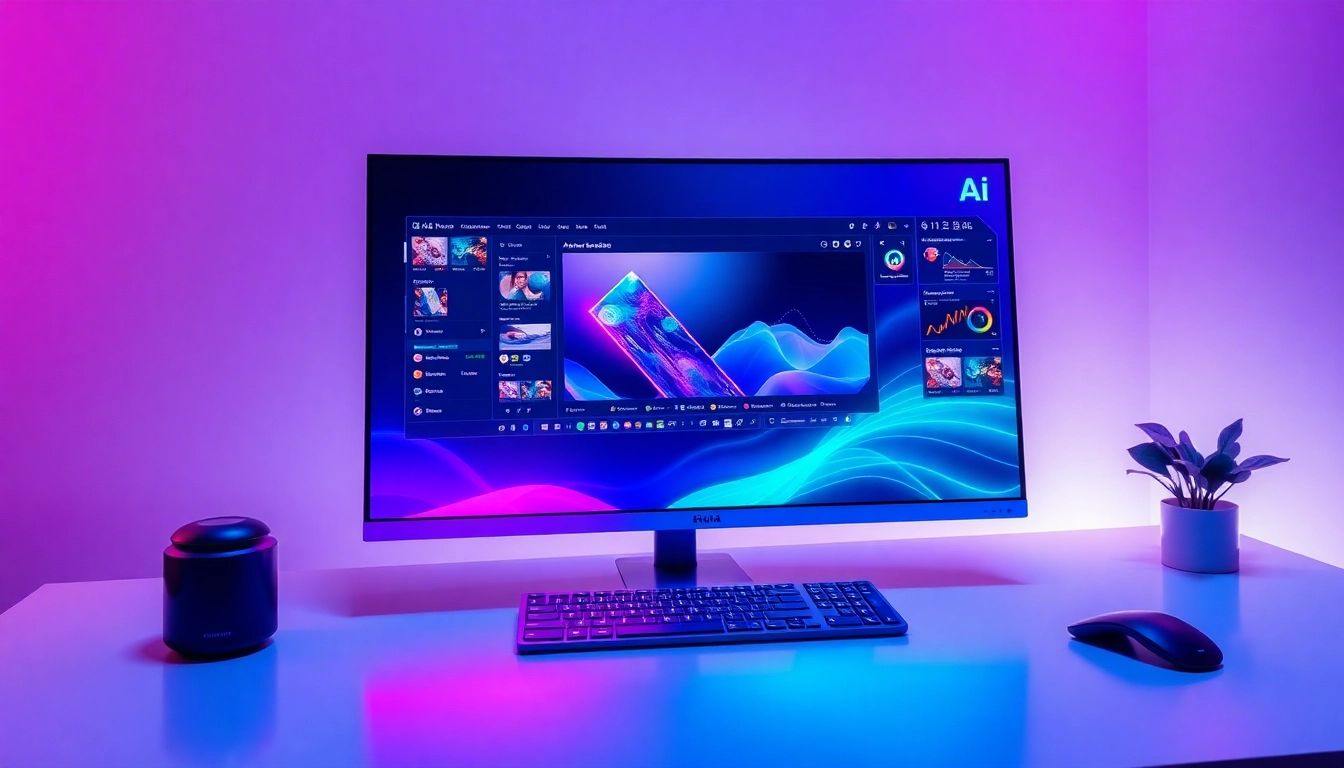 Futuristic workspace with a high-tech AI image editing interface glowing on a monitor