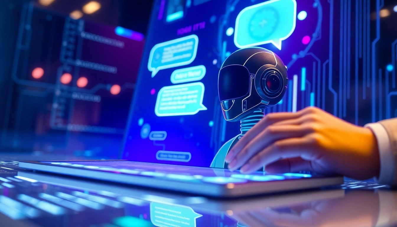 A futuristic digital chatbot interface showing an AI conversation with glowing speech bubbles and high-tech background