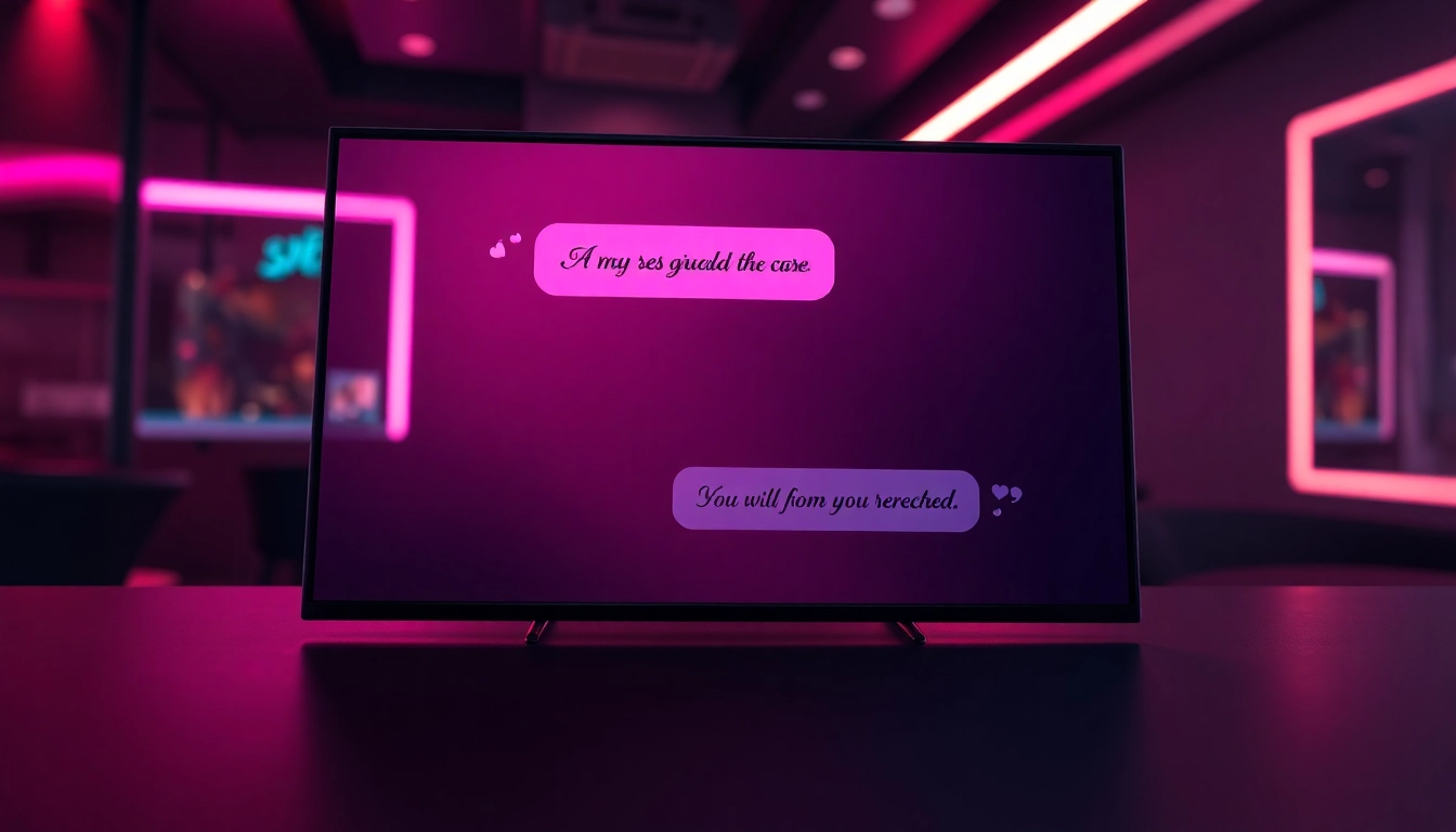 Close-up of a vibrant digital chat interface with flirtatious messages on a sleek screen, set against a neon-lit background.