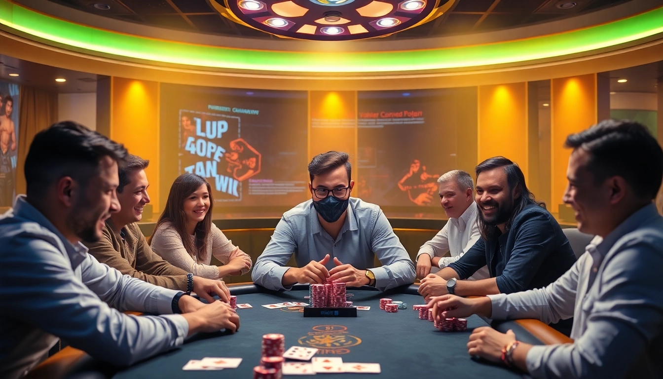 Pokerbros Paradise Union community gathers for online poker games in a lively digital setting, highlighting camaraderie.